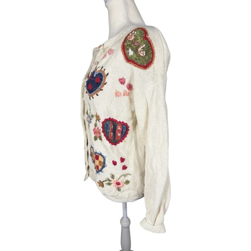 Tiara International Cardigan Womens‎ S Cream Embroidered Hearts Floral Vintage